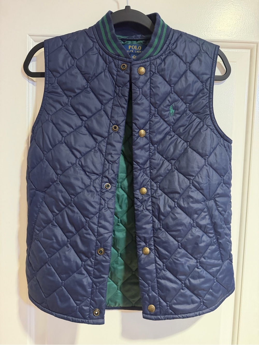 Polo by Ralph Lauren Navy Quilted Vest with Green Interior Like New